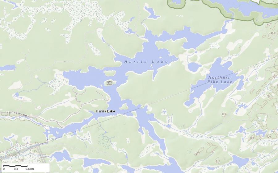 Topographical Map of Harris Lake in Municipality of Unincorporated and the District of Parry Sound